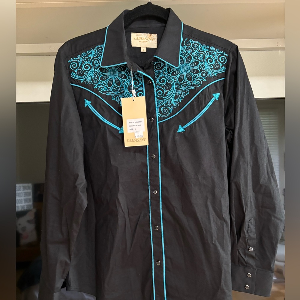 Ladies Western Fashion Shirt with Turquoise Pipings Large